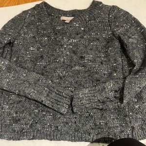 Woman’s gray sparkly sweater